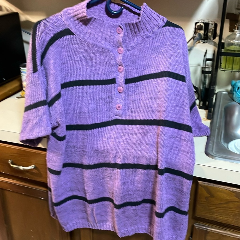 Woman’s unknown purple and black striped sweater with button down neck 1x